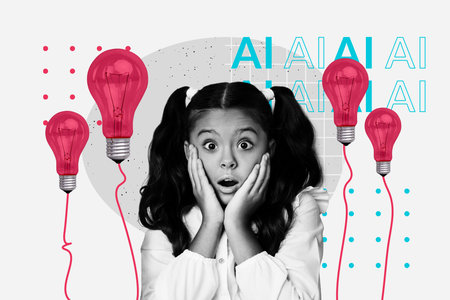 Composite collage trend artwork design of idea lamp creative young schoolgirl shocked face student digital lesson back e-learning schoolの写真素材