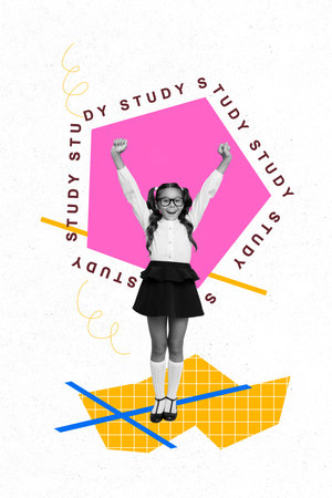 Exclusive image vertical photo collage of happy small schoolgirl stand doodle back to school concept education learner nerdの写真素材