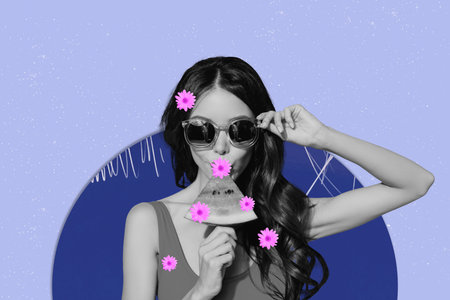 Trendy art creative full zine photo collage of happy girl glamour girl chamomile flower bloom spring season celebration holidayの写真素材