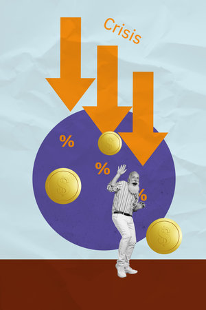 Trend artwork sketch 3D photo collage of budget down reduction investor economy business arrow pressure aged man coins fall percent growthの写真素材