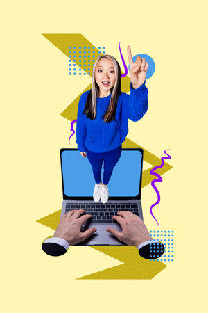 3d poster image full pop art collage of happy businesswoman businessman hold laptop freelancer occupation manager job workloadの写真素材