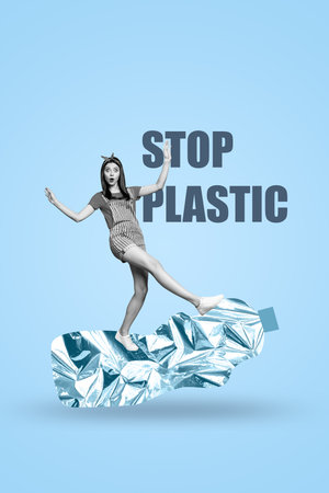 Trend artwork design montage 3D collage of young lady walk confused stop plastic bottle green...