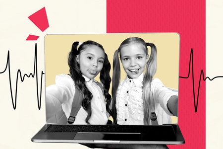 Trend artwork sketch design montage 3D collage of laptop display two classmates young girl smile selfie foolish class fall remote lessonの写真素材