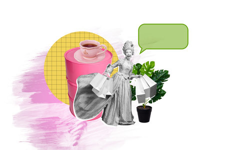 Banner 3d art pop image collage of excited girl hold packages black friday sale countess masquerade coffee cup barrel classicの写真素材