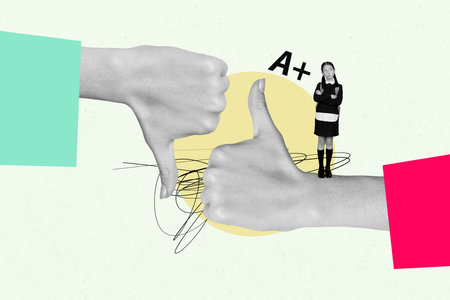 Trend artwork sketch collage of two hand gesture thumb fine dislike mark success young girl stand young academic class fall school lessonの写真素材