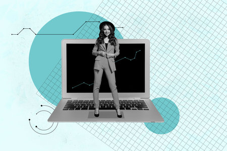 Composite poster image art collage of happy businessman businesswoman stand laptop device graph progress aim achievementの写真素材