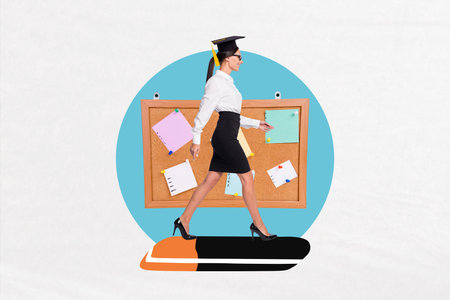 3D collage trend artwork composite poster of young woman walk eraser board behind graduate hat study...