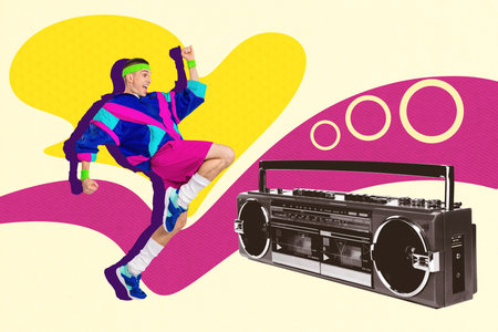 Trend artwork banner sketch 3D collage of sportive style young man run boombox music night carefree...