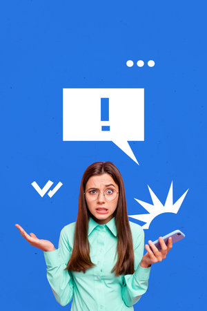 Template sketch trend artwork 3D photo collage of confused face young lady hold smartphone attention...