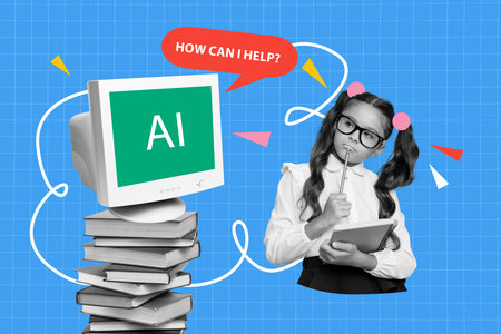 Composite image artwork 3D collage of computer monitor pile book schoolgirl minded student webinar knowledge distance learning educationの写真素材