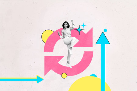 Trend artwork banner sketch 3D collage of arrow cycle young lady stand smile success strategy...