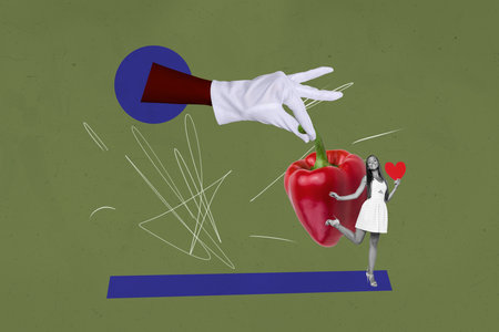 Poster template banner collage of happy girl guy stand hand hold colorful bulgarian pepper detox nutrition vegetarian weight lossの写真素材