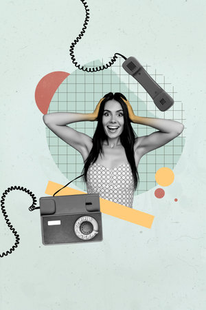 3d pop image vertical art collage of happy manager girl guy stand telephone handset telemarketing workload occupation call centerの写真素材