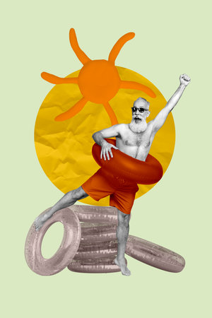 Pop art zine photo collage of happy old shirtless man wear lifebuoy jump swim summer vacation sunny...