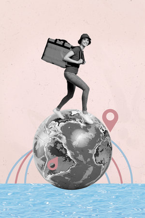 Banner 3d magazine picture collage image of happy girl guy run geolocation icon refugee move earth map globe adventure deliveryの写真素材