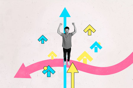 Trend artwork banner 3D photo collage of young man stand smile hands up aim competition challenge aim target strategy success arrow pointの写真素材