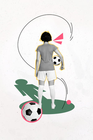 Composite sketch design artwork 3D photo collage of sportswoman stand hold football ball dynamic warmup fitness exercise hobby sportyの写真素材