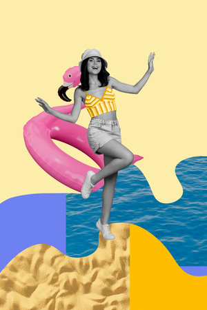 Zine image 3d poster collage of happy dance sand beach resort water ocean inflatable flamingo lifebuoy swimmer relax holidayの写真素材