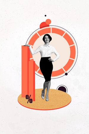 Composite sketch trend artwork collage of target analyzing success trade stats young businesswoman stand hold graphics percent growthの写真素材