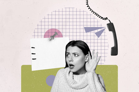 Zine banner full photo collage of happy girl guy manager stand telephone handset call center workload sticker memo list to-doの写真素材