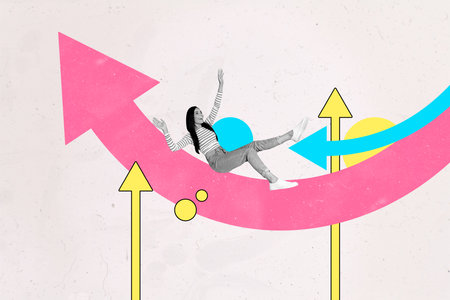 Trend artwork sketch 3D collage of young lady sit arrow growth up challenge ambition progress development target achievement aspirationの写真素材