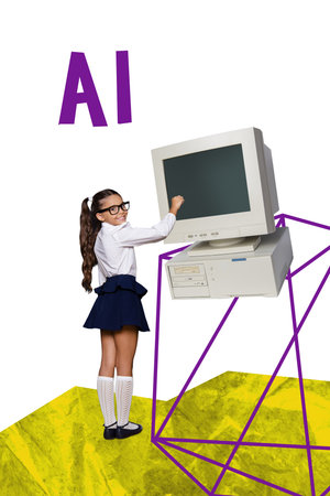 Image pop creative art collage of happy preteen small girl stand pc monitor artificial intelligence...