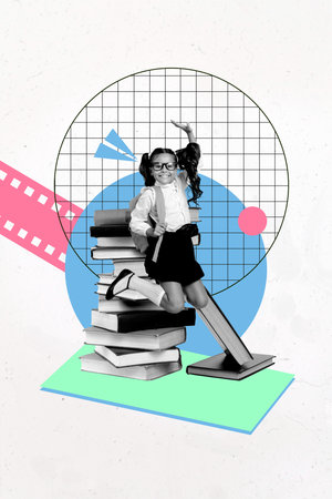 3D collage design composite trend artwork sketch of fall lesson classroom school autumn young girl smile eyewear jump stack book homeworkの写真素材