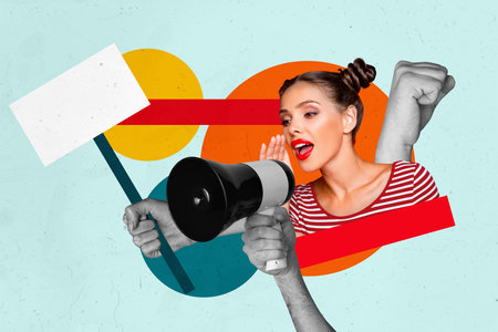 Sketch composite 3D photo collage trend artwork of young lady hold megaphone talk picket resources vote hand hold banner opinion leaderの写真素材