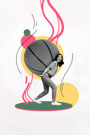 Collage trend sketch poster of healthcare fitness athlete sport care determination hobby young woman smile walk hand hold basketball toolの写真素材