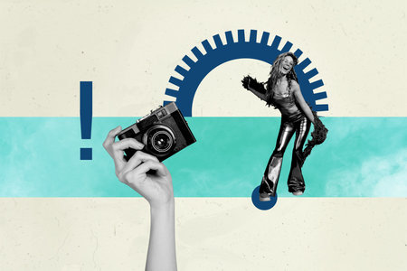 Art poster collage of people phototgraphing camera stand on pastel green background with half cog gear exclamation markの写真素材