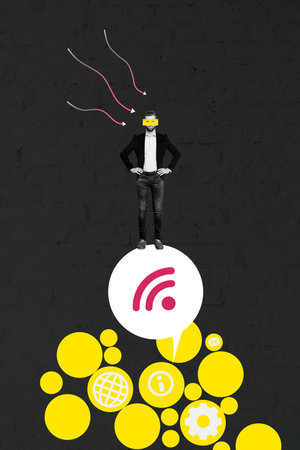 Trend artwork composite banner photo collage of young man eye fragment stand wifi symbol modem cyber...