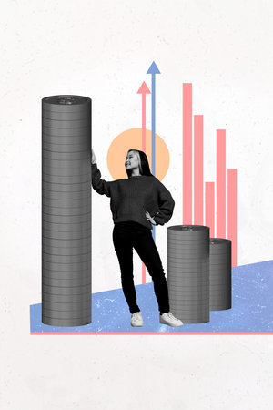 3d sketch image vertical collage of happy businesswoman stand coin stack arrow development dollar...