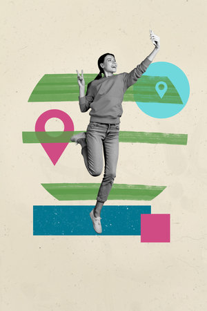 Vertical 3d art pop image collage of happy girl guy stand geolocation icon summer adventure booking navigator map travelの写真素材
