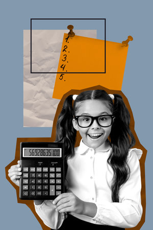Image zine 3d vertical photo collage of happy schoolgirl hold calculator math subject exam preparation sticker memo to-do taskの写真素材