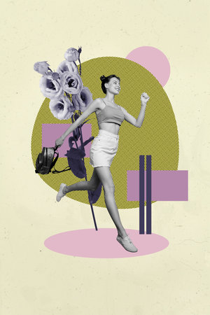 Art image vertical photo collage of happy girl guy dance spring holiday eustoma flower bouquet celebration entertainmentの写真素材