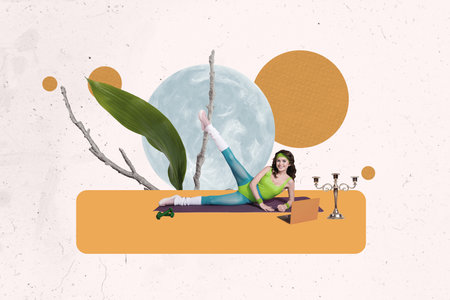 Trend artwork banner sketch photo collage of young lady retro coach fitness remote laptop exercise outdoors moon plant leaves candle decorの写真素材