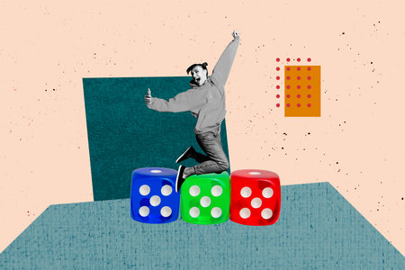 Composite artwork photo collage template sketch of young lady jump hold samrtphone cube combination slot play bet fortune random playerの写真素材