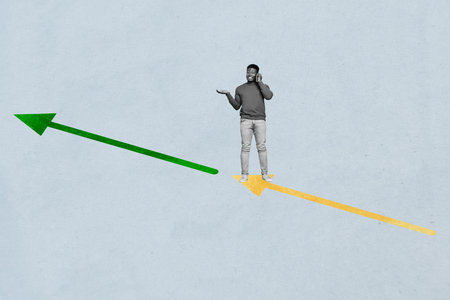 Creative zine image artwork collage of happy american businessman stand arrow development career promotion speak phone freelanceの写真素材