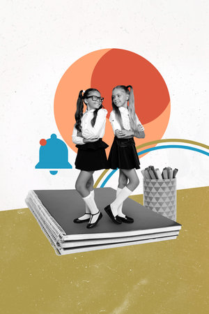 Sketch image artwork composite 3D photo collage of two young girl friends classmates stand copybook pencil lesson nerd pupil retro schoolの写真素材