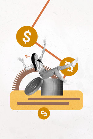 Trend artwork sketch design montage 3D collage of gear dollars graphics young lady sit stack coins economy savings cash trade financeの写真素材