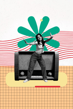 Trend artwork composite 3D photo collage design of young lady dance retro style radio entertainment...