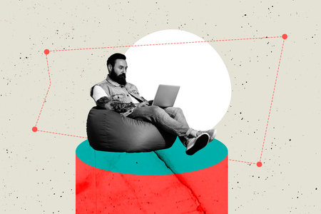 Sketch template 3D photo collage composite of young man sit beanbag work computer online virtual technology netbook remote office managerの写真素材