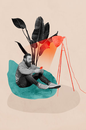 Trend composite sketch 3D photo collage of young man sit armchair hold smartphone chatting lamp light plant freelancer remote work onlineの写真素材
