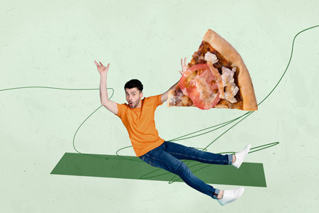 Pop art collage of person sit fall with slice pizza on green backgroundの写真素材