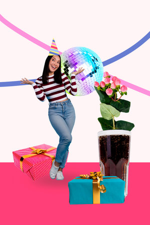 3D collage design composite trend artwork sketch of discoball young lady smile drink soda flower...