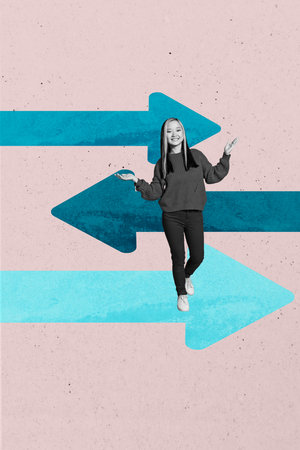 Art image vertical photo collage of happy businesswoman arrow development pointer statistics...