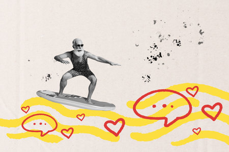 3D collage poster template trend artwork sketch of aged man balance surfboard message like influencer share follow media notificationの写真素材