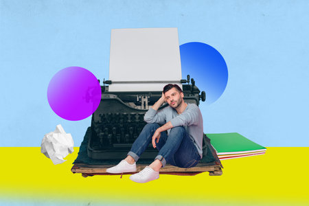 Zine banner full photo collage of happy girl guy author stand retro typewriter machine novelist occupation documentationの写真素材