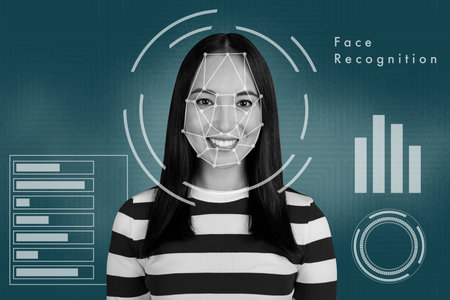 Composite sketch design artwork 3D photo collage of password authentication futuristic biometric data interface young lady smile diagramの写真素材