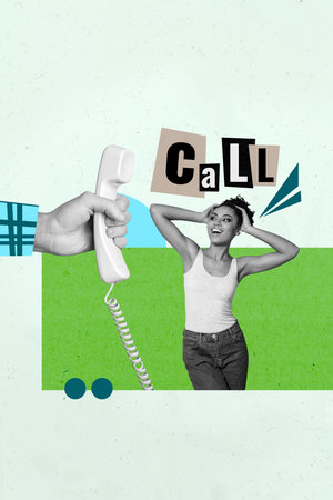 Creative art collage of person stand cellphone near phrase call with telephone on green backgroundの写真素材